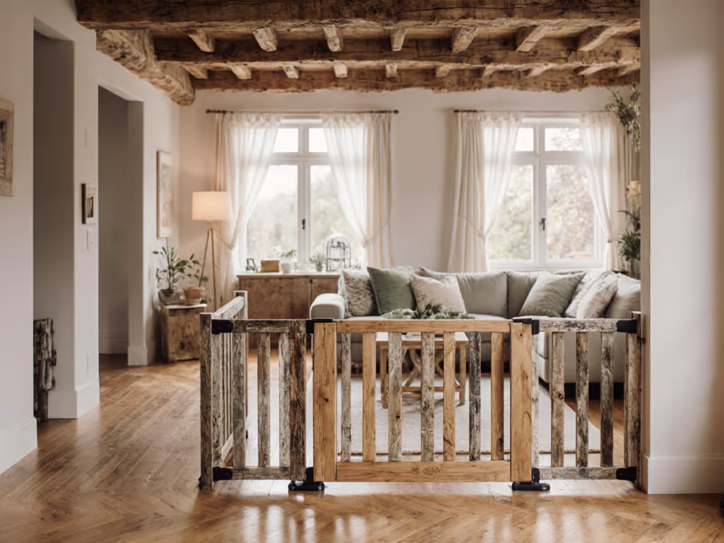 wooden_baby_gate_blending_with_rustic_home_decor